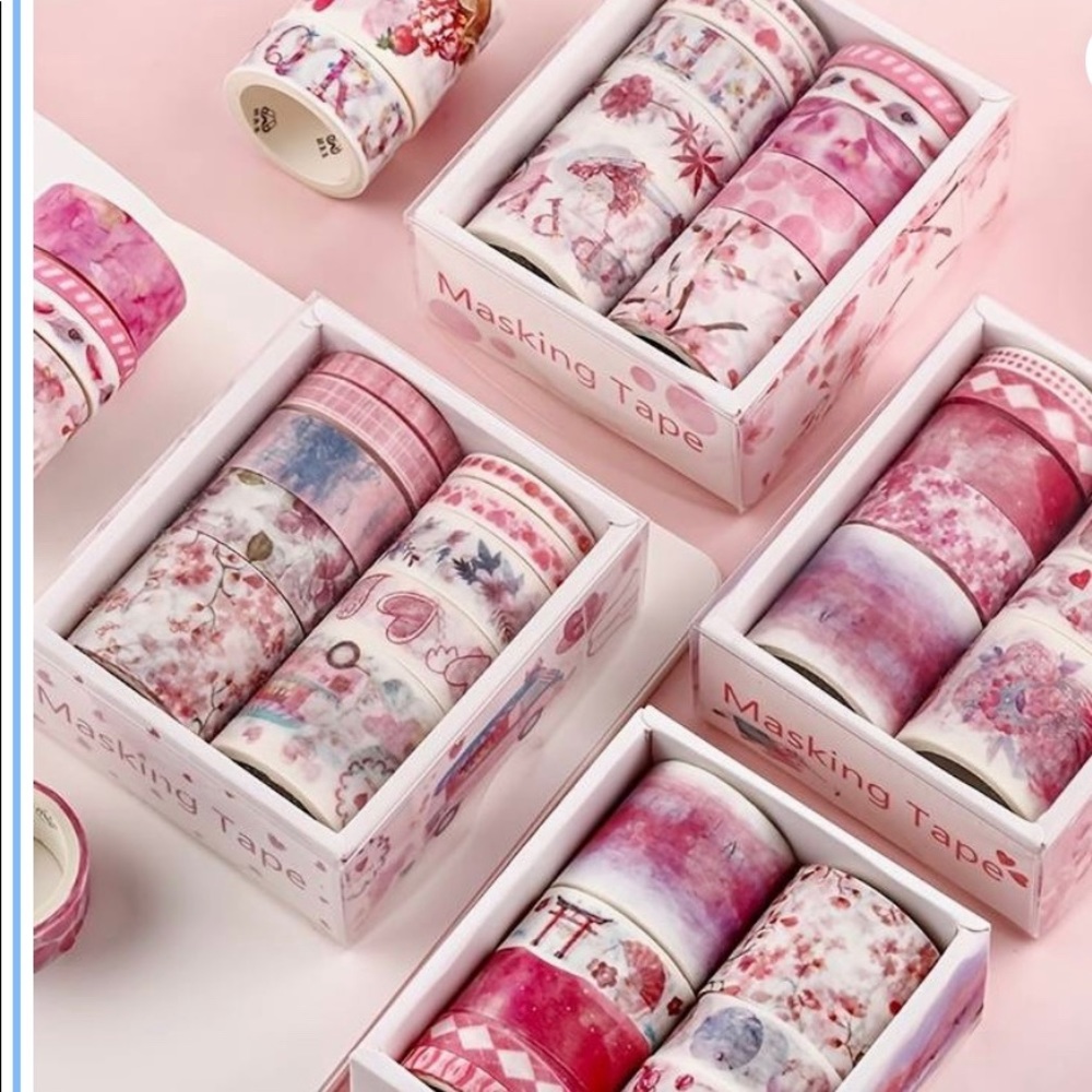 10 Rolls Pink Floral & Hearts Washi Tape Set - NIB Aesthetic Craft Kit
